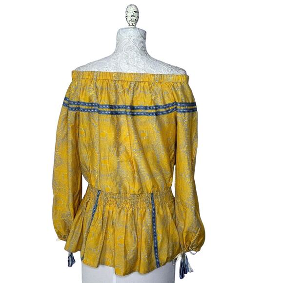 LemLem Makena Off Shoulder Long Sleeve Blouse Yellow Blue Trim Women Small NWOT - Picture 3 of 9
